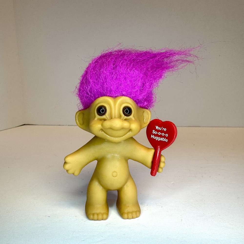 3" Russ Troll Doll - "You're So Huggable" heart sign - Vintage 1990s Valentine